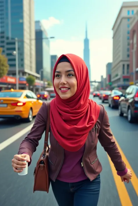 A woman wearing a hijab is speeding to the airport in a comedic manner