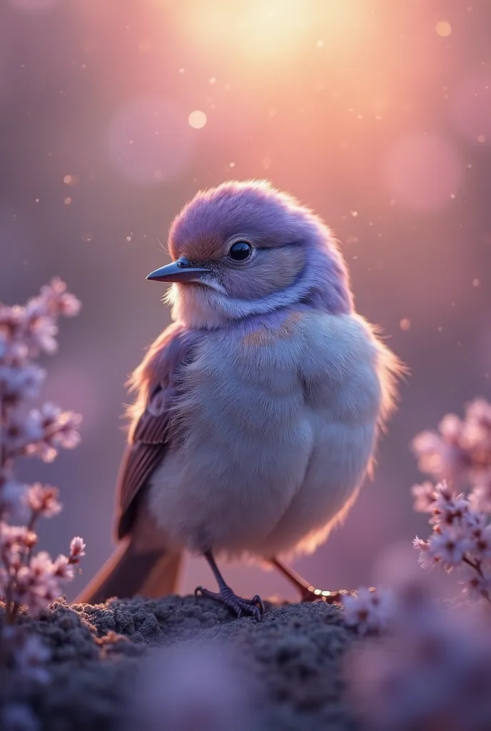 A mesmerizing close-up portrait of a gorgeous little bird illuminated by the soft, PURPURA light of a tranquil morning, with vibrant bokeh balls gently framing its delicate form.