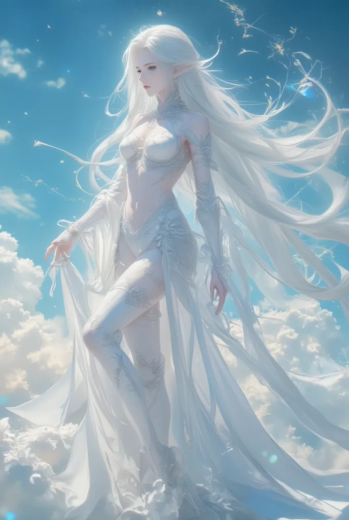 Make an elf female character long white hair finely unraveled and my eyes are blue easy like diamonds and look beautiful and sexy and enchanting and look beautiful 

Pose standing above the sky wearing a white goddess gown staring intently 