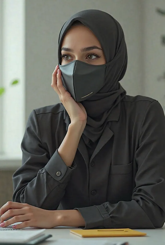 The character of Amra sits at her desk and speaks while wearing a mask 