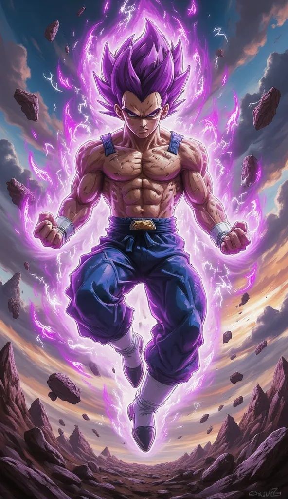 “Handsome 18-year-old Future Trunks stands in the air. His muscular body is covered in a blue combat suit. Furious sharp eyes. Erect purple hair, surrounded by a deep purple airflow with intense lightning flashes. Flying debris hovering around showing his ...