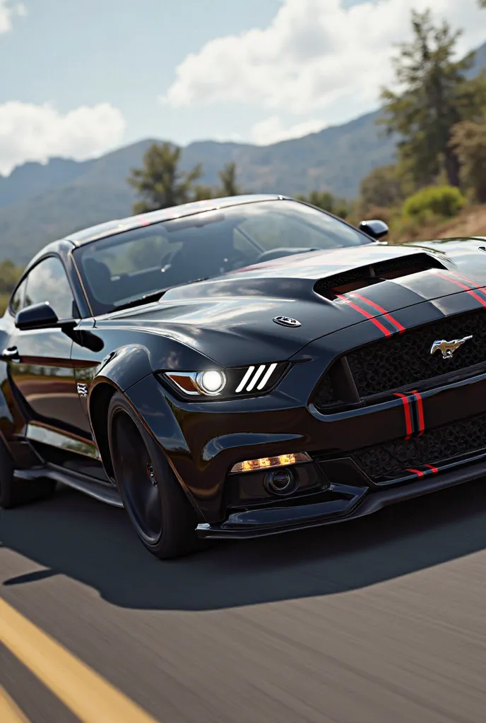 Black colour mustang with red strips and black smoke from the tires and give a forza horizon 5 graphic 
