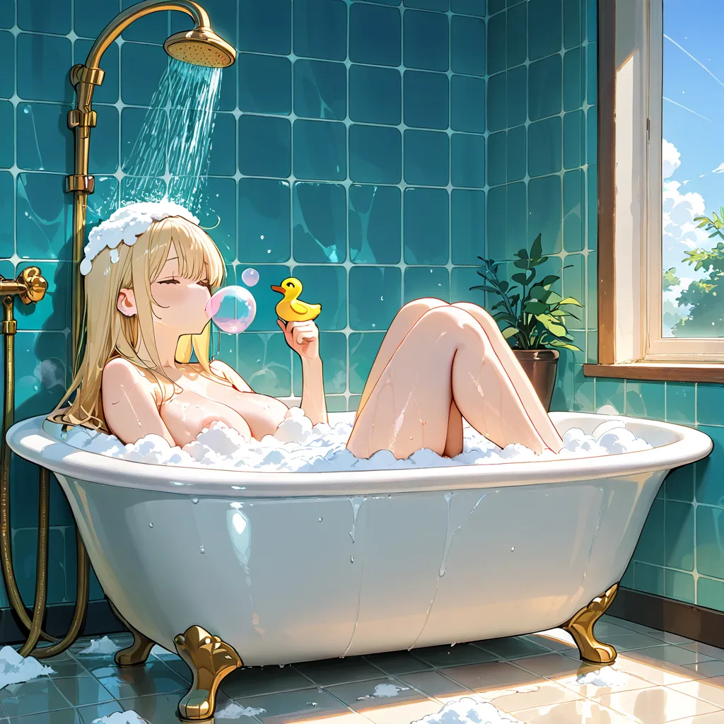 1 woman, Semi-realistic, photograph,  nostalgic , from front side, mad blonde hair, busty ,wet skin, outdoor, is relaxing in a vintage-style clawfoot bathtub filled with thick, The head is the edge of the bathtub, outdoor bath,   full of stars, shower fall...