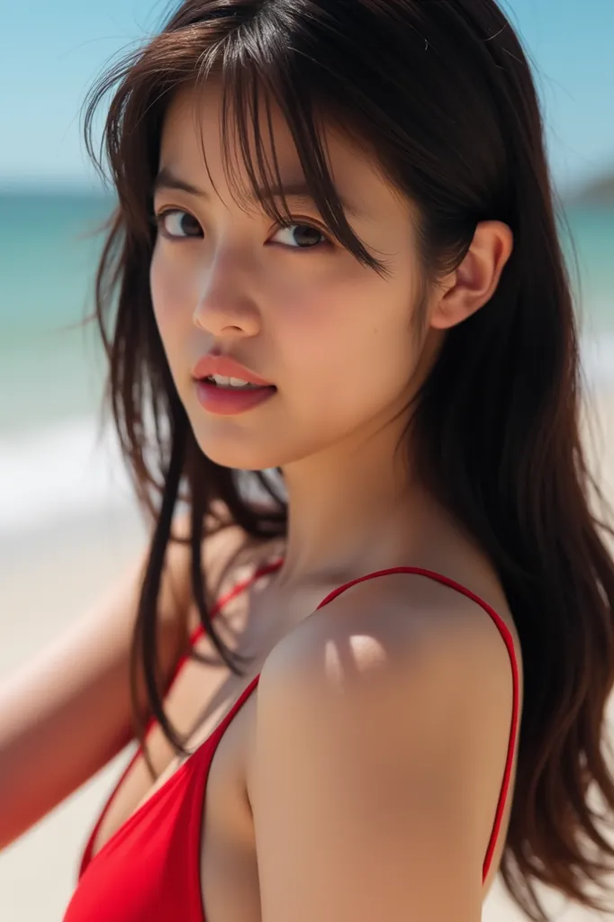 woman, took a selfie on Instagram . バストが中くらいのwoman、   without makeup,   provocative face .   she's been a long time,  straight ,  Dark Hair    ,   office 、white skin  .  micro lingerie、  red bikini、micro bikini、full body、 Sun-Oiled Skin 