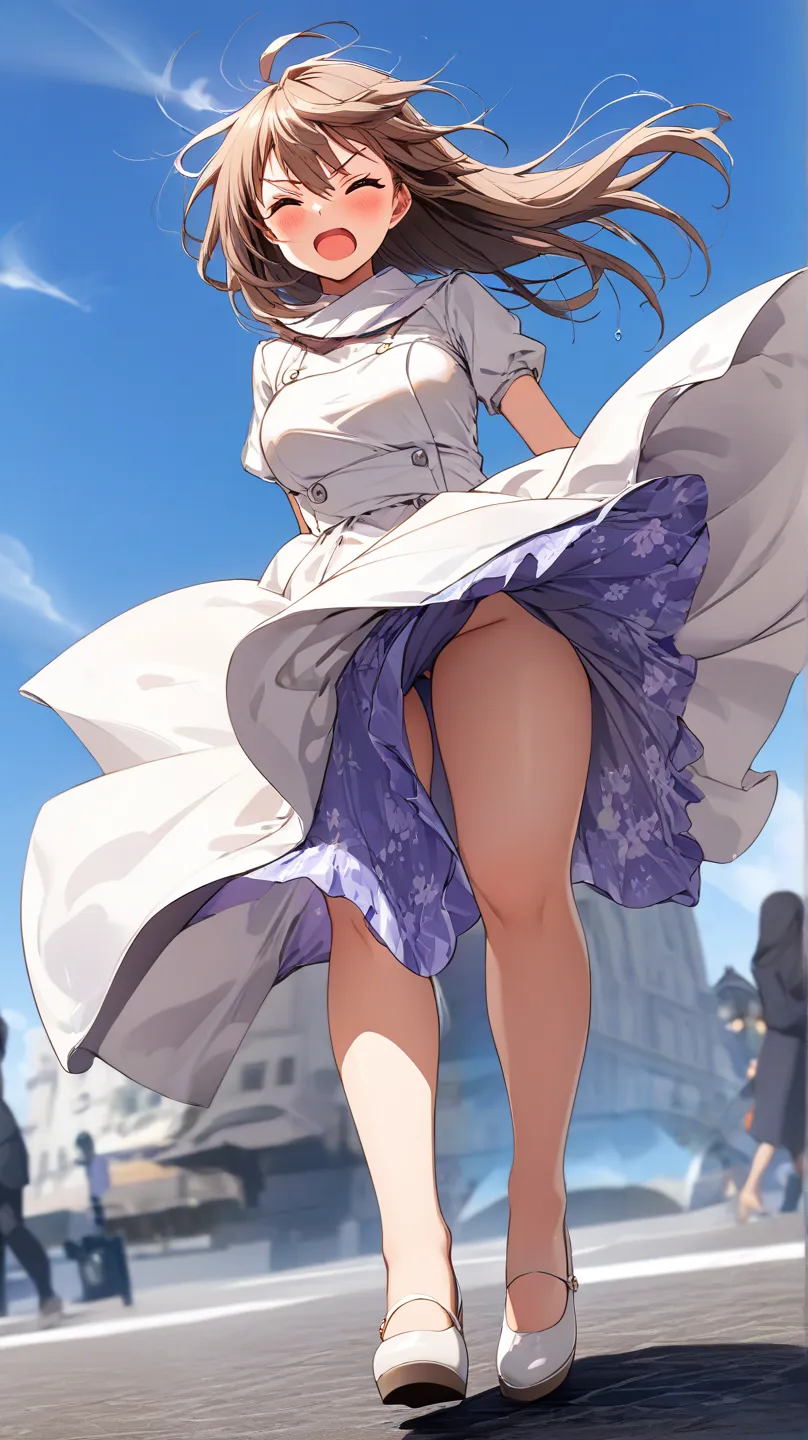  embarrassed face 、 walk、Strong winds、upskirt、 grab skirt、   low angle 
,  beautiful anime girl 、amazing thighs、 full body、Nice dress、shiny skirt