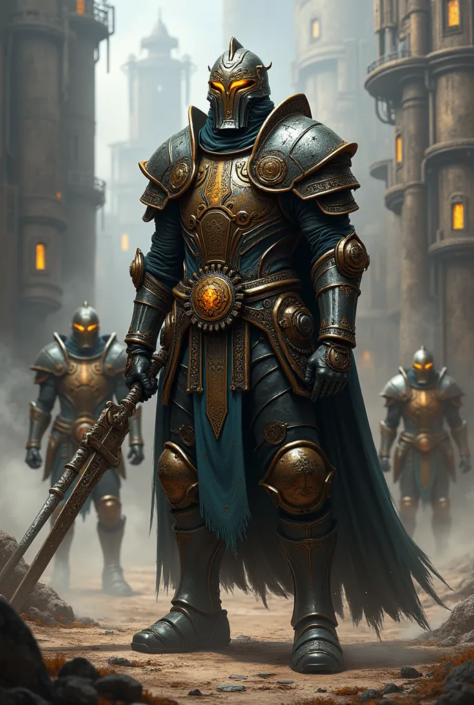 Detailed concept art of a warrior belonging to the Iron Legion, a faction from a post-apocalyptic fantasy-tech world. The character wears heavy, medieval-inspired armor, crafted from dark iron and bronze alloys, intricately adorned with moving gears, cogs,...