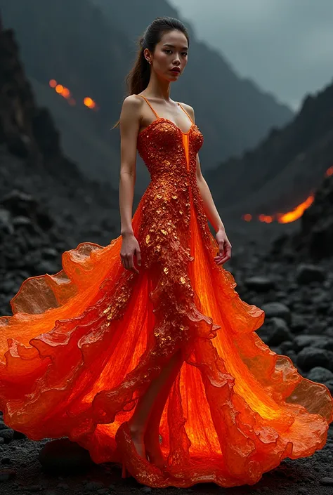 Supermodel wearing a student volcano magama inspired dress