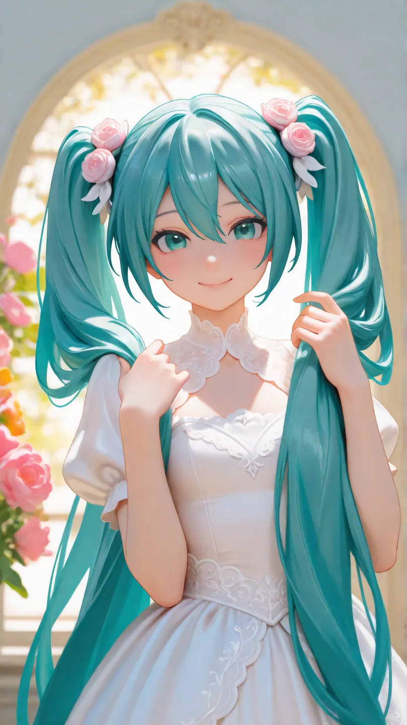 best image quality, Hatsune Miku, Princess dress smile,  1 person character, 3DCG, 4K, HDR, realistic texture, Touch like a hand drawing, Delicate Texture, Tranquil Garden Surrounded by Warm Colors, soft light, graceful behavior, look at your dreams ahead ...