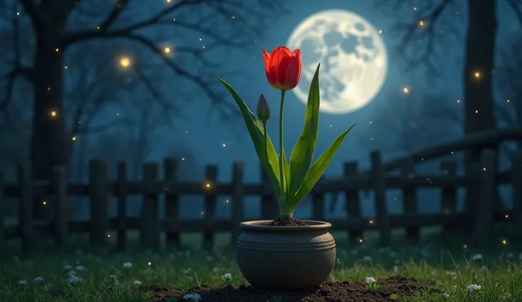 In a tranquil moonlit garden, a strong tulip plant stands tall in a ceramic flower pot, its long, smooth green leaves stretching toward the soft silver glow of the moon. At the top of the sturdy green stem, a small, tiny closed red tulip bud has begun to f...