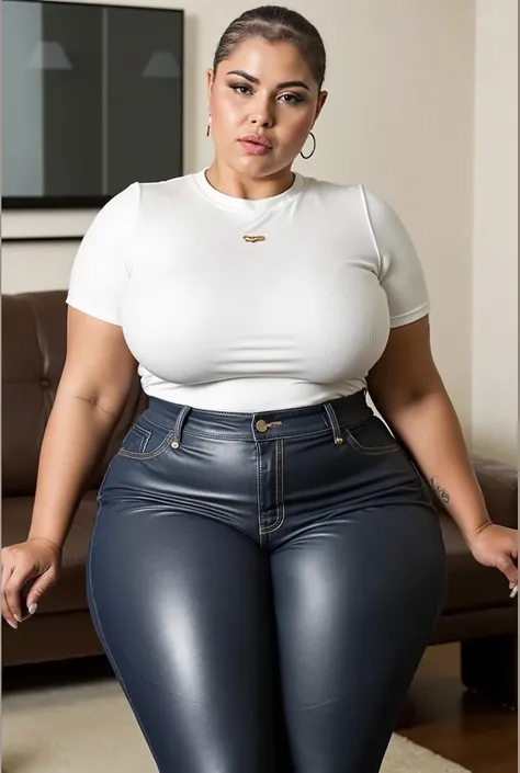Exuding confidence and poise, a woman stands in a warmly lit indoor environment, framed by a simple yet elegant backdrop featuring a dark leather couch and a muted wall. She wears a fitted white t-shirt that highlights her figure, complemented by high-wais...