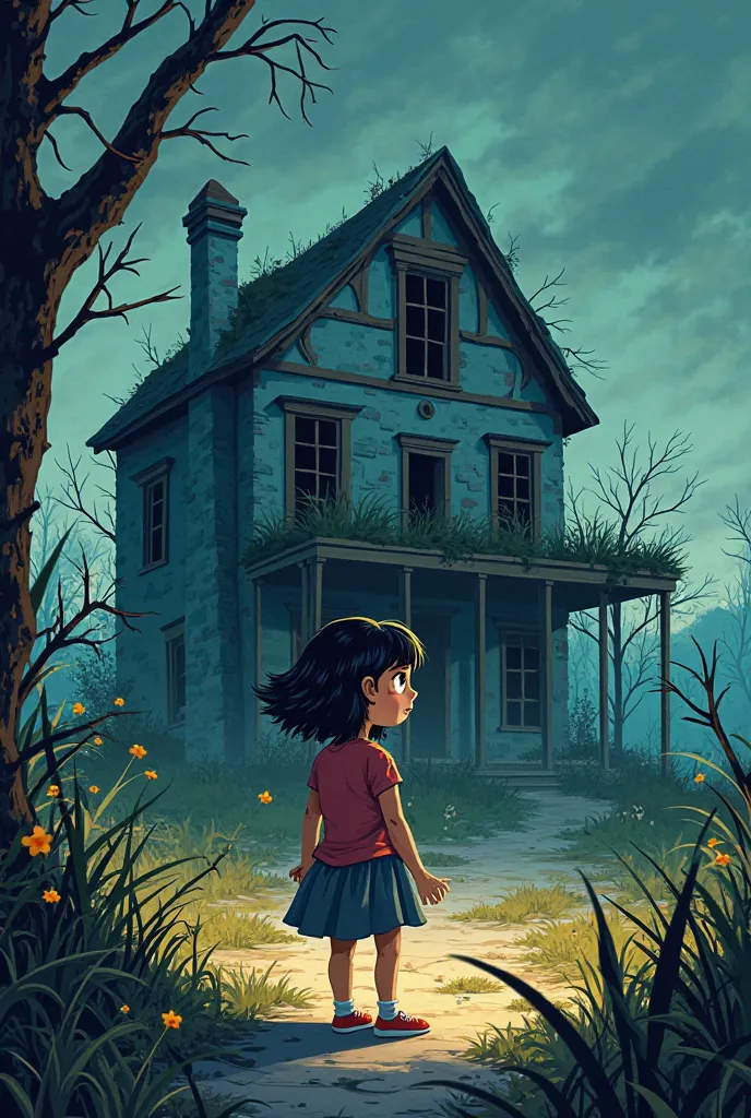 create a book cover title : the abandoned house genre: horror elements: a girl , abandoned house make it more cartoon and easier to draw