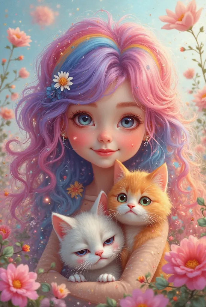 rainbow pink hair girl cat