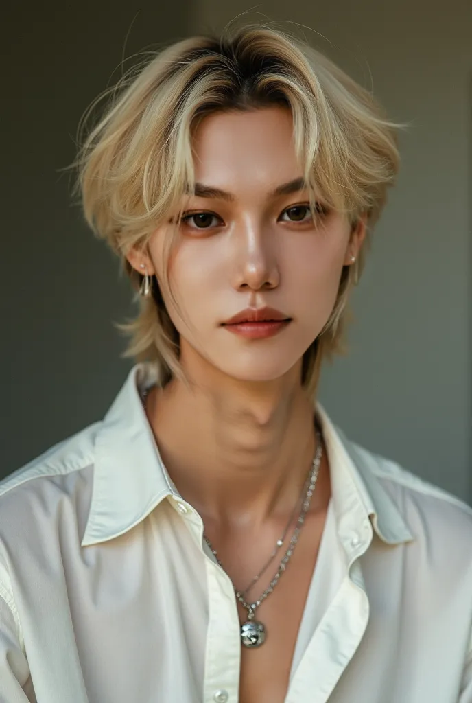 ((RAW Photo), Aisian male, Korean, blonde hair, Felix, stray s, hot, male, loose white shirt, real, actual person, hair to his shoulders