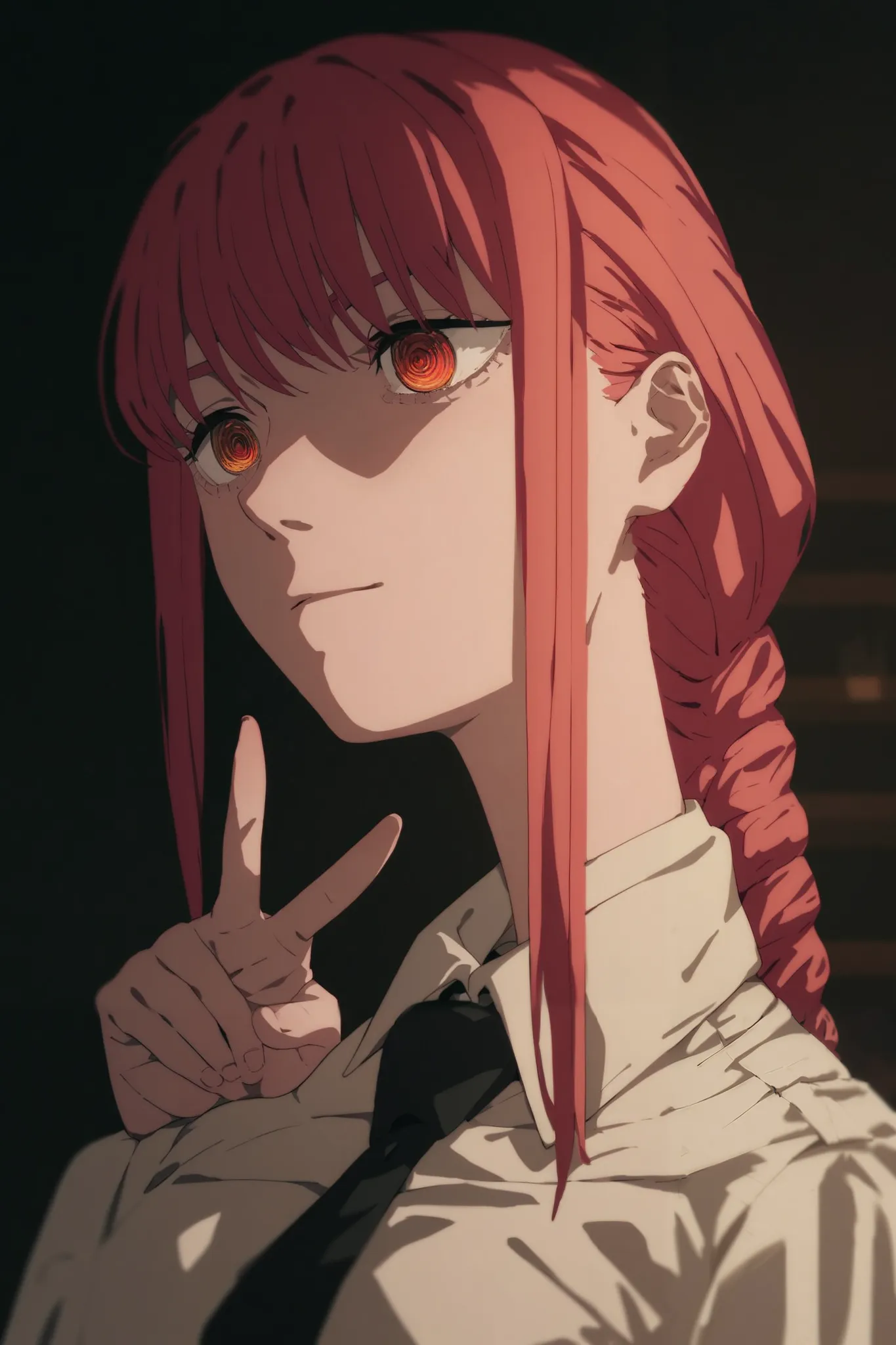 score_9, score_8_up, score_7_up, score_6_up, score_5_up, score_4_up, BREAK, source_anime,makima_v1, 1girl, red hair, ringed eyes, solo, black necktie, shirt, braided ponytail, collared shirt,v over eye