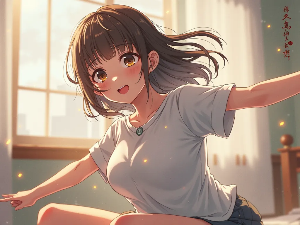  1girl 、Big breasted older sister in a Y-shirt stretching out while sitting、The button on the Y-shirt pops, leaves an afterimage in the air, and flies while spinning、Chest that stretches due to the loose momentum of the shirt:3、I was surprised when I raise...