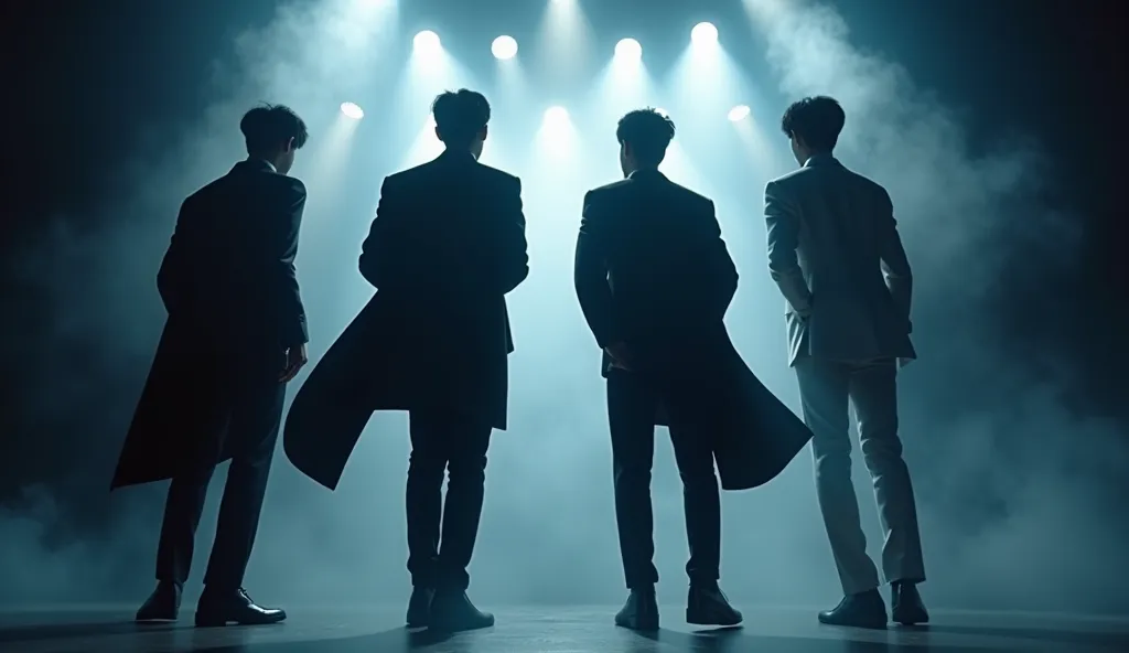 Four Korean men, boy group, seen from behind, sharp suits, dynamic poses, low angle, stage lighting, smoke effects, high contrast, dramatic atmosphere.