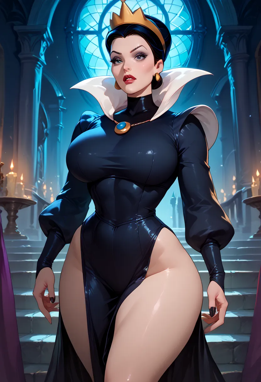 Young Grimhilde  ( disney ),  deep neckline, big ass,  dressed with a slit on one side showing her thigh, front view,  standing in a Gothic castle, big breasts, perfect face man, looking at the spectator 