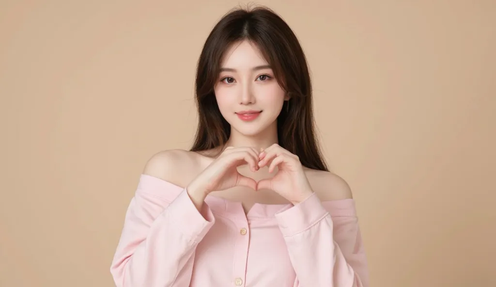 A smiling woman is alone in a cute pose wearing off-the-shoulder pajamas in pastel colors that convey warmth simply by touching them softly, making a large heart shape with both hands, and holding them in front of her chest, View above collarbone、The backg...