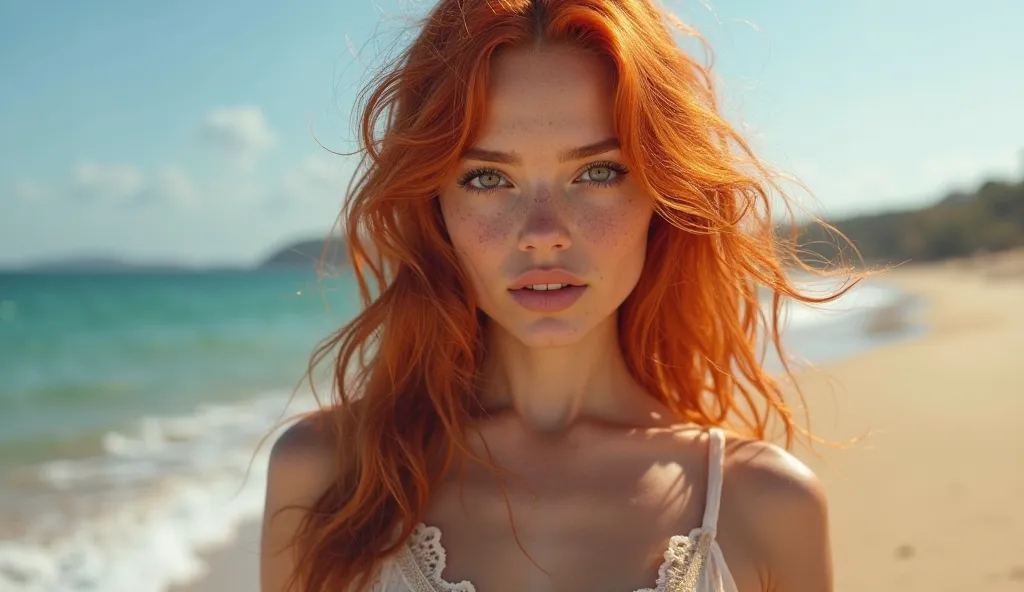  young sexy woman, with red long hair, tender-pale freckles on the nose,  standing on a beach 