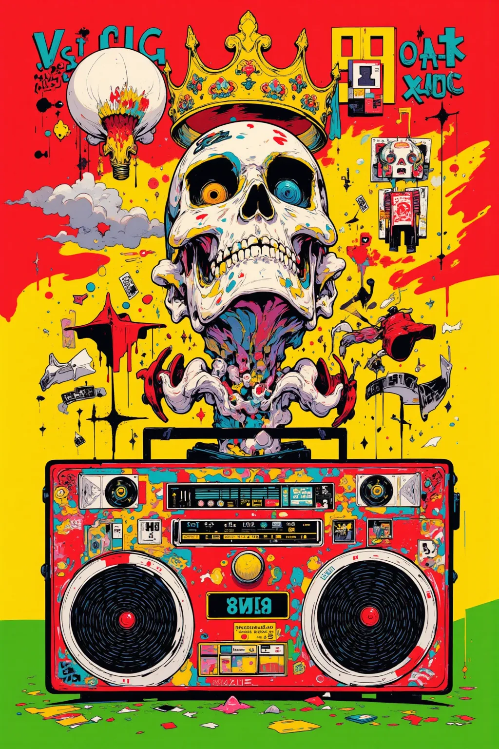 skull, crown, boombox, waveform,Combines the vibrant energy of Latin music with Basquiat's provocative art style,The background features waveforms and psychedelic patterns that symbolize the rhythm of digital cumbia,A skull with a Basquiat-style crown is p...