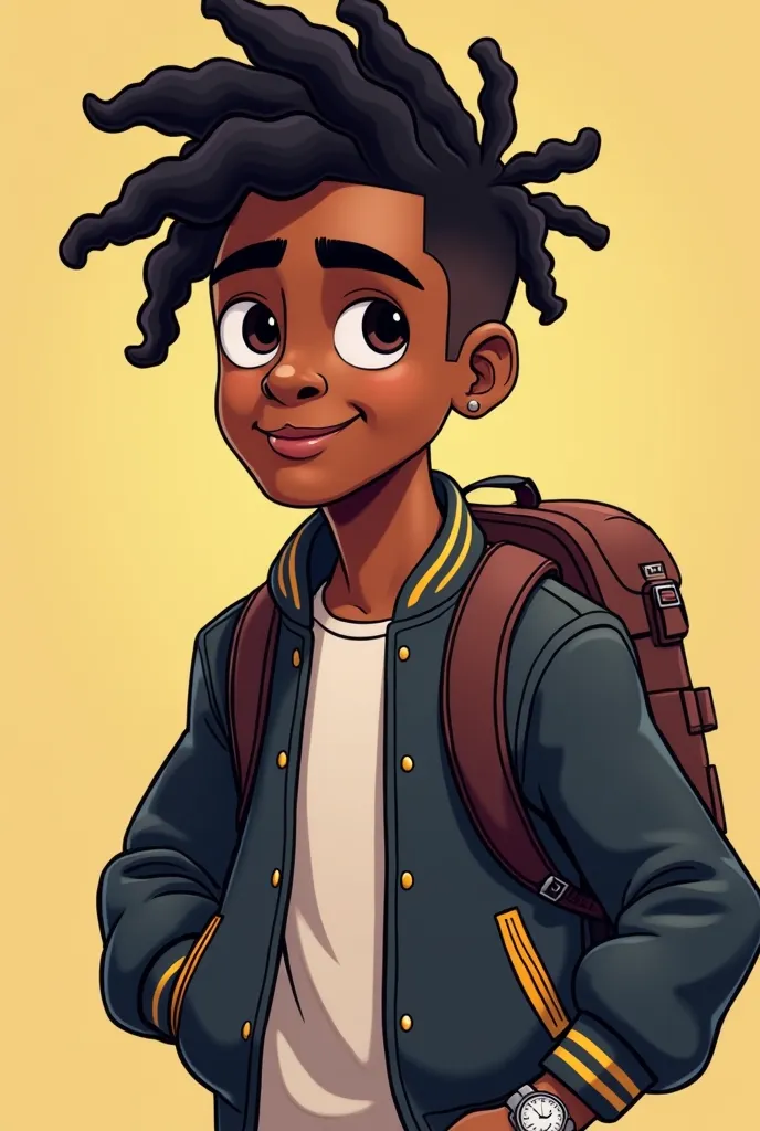 *"Create a masculine character in the modern cartoon style, with rounded and expressive features,  similar to the provided image . The character must be a black man, young and charismatic ,  with skin rich in warm tones . His hair is voluminous and styled ...