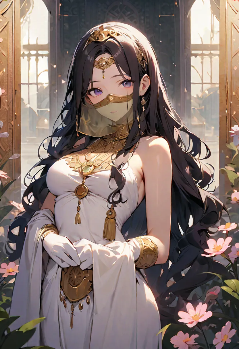 [high quality, best quality, beautiful], 1girl, solo, garden of flowers, gradient hair, long hair, wavy hair, tiara, bangs, glove, looking at viewer, expressionless, subtle smile, Motherly, medium-large breast, tall, 180cm tall, dark hair, ancient civiliza...