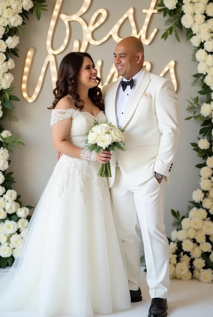 a bueatiful filipino sweet  couple a male wearing a white wedding outfit and white elegant coat and black shoe slightly bald hair  and the female medium large body frame  wearing a elegant ballon wedding dress and white heels curly brown hair with ridding ...