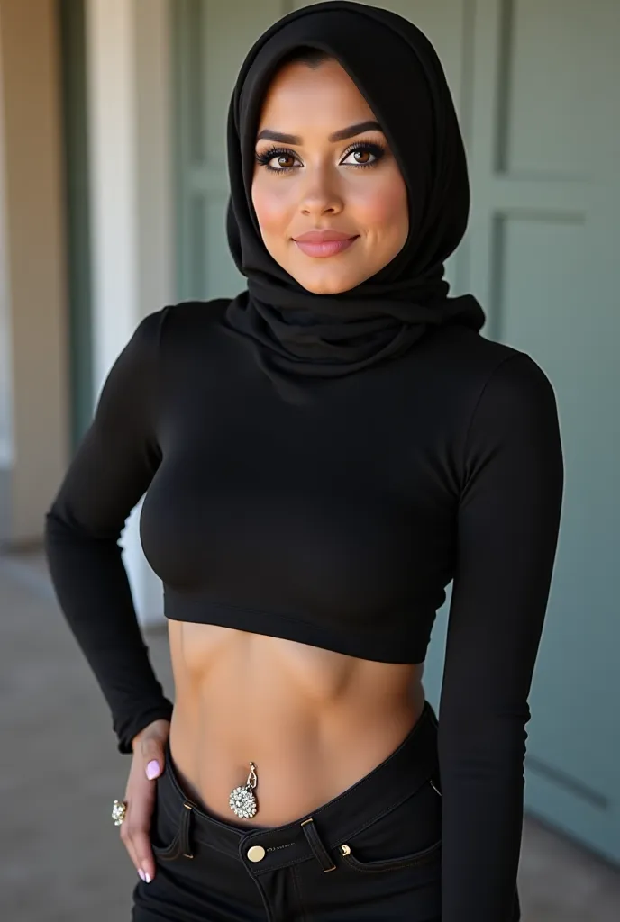 A stunning Arabian woman with a self-confident appearance is at the center of the picture. Her elegant hijab frames her face and accentuates her full lips and deep, expressive eyes. She wears modern ,  figure-hugging clothing , that stylishly highlights he...