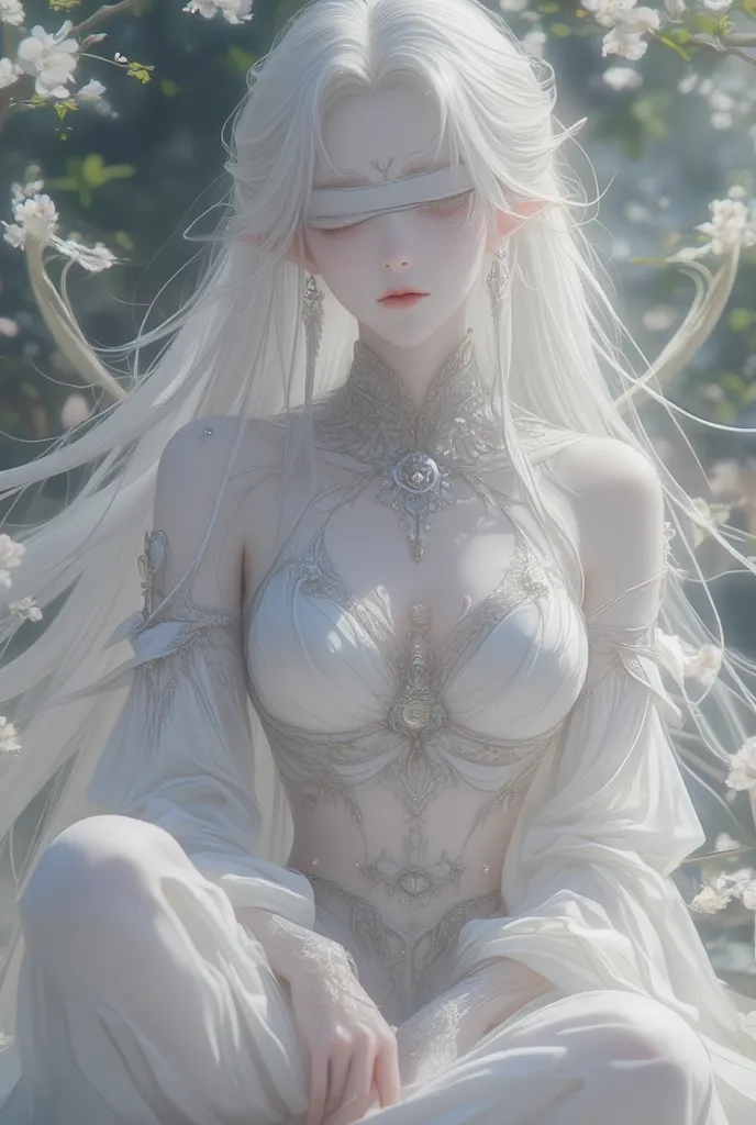 Make the elf female character long white hair finely unraveled dand look beautiful and sexy and dazzle and look beautiful 

Cultivation sitting pose blindfolded wearing white goddess dress 