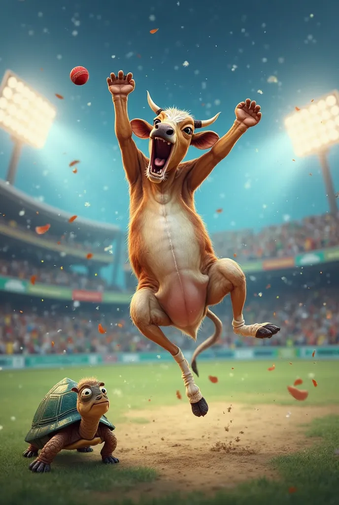 As India hits a massive six, a joyful cow jumps excitedly in celebration. Nearby, a surprised turtle watches the game with a mix of emotions. The background features a lively cricket stadium, cheering fans, and bright stadium lights, capturing the thrillin...