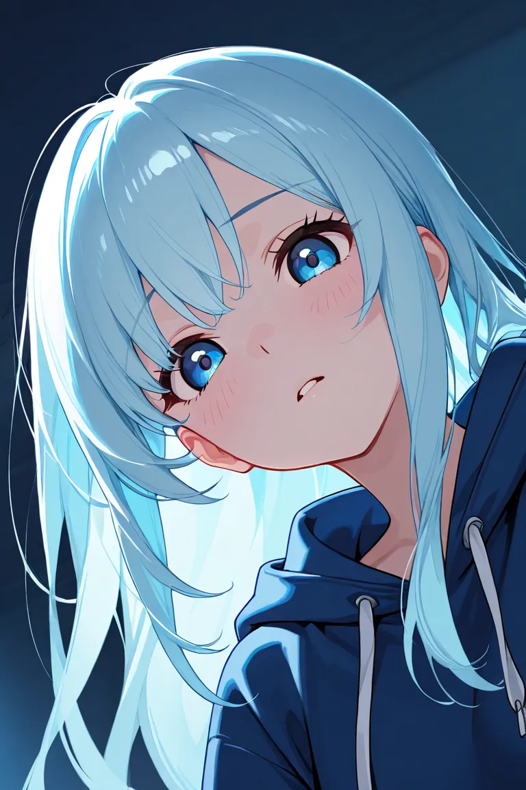 1girl, white girl, light blue hair, bangs, curtaining hair, portrait, blue eyes, shy, nervous, speaking, parted lips, blue hoodie, night time, soft lighting, looking down at viewer, looking at viewer, from below, low-angle shot, 