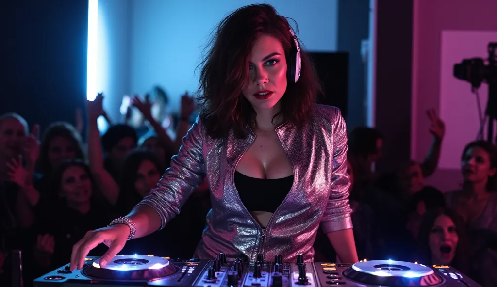 Close-up of DJ Lauren Cohan in silver high fashion street wear, eyes open, big boobs, with headphones wireless,  in her minimalist studio. She is wearing a black top. The DJ is having fun. She's using an Pioneer DJ mixer with light-emitting diodes. Night f...