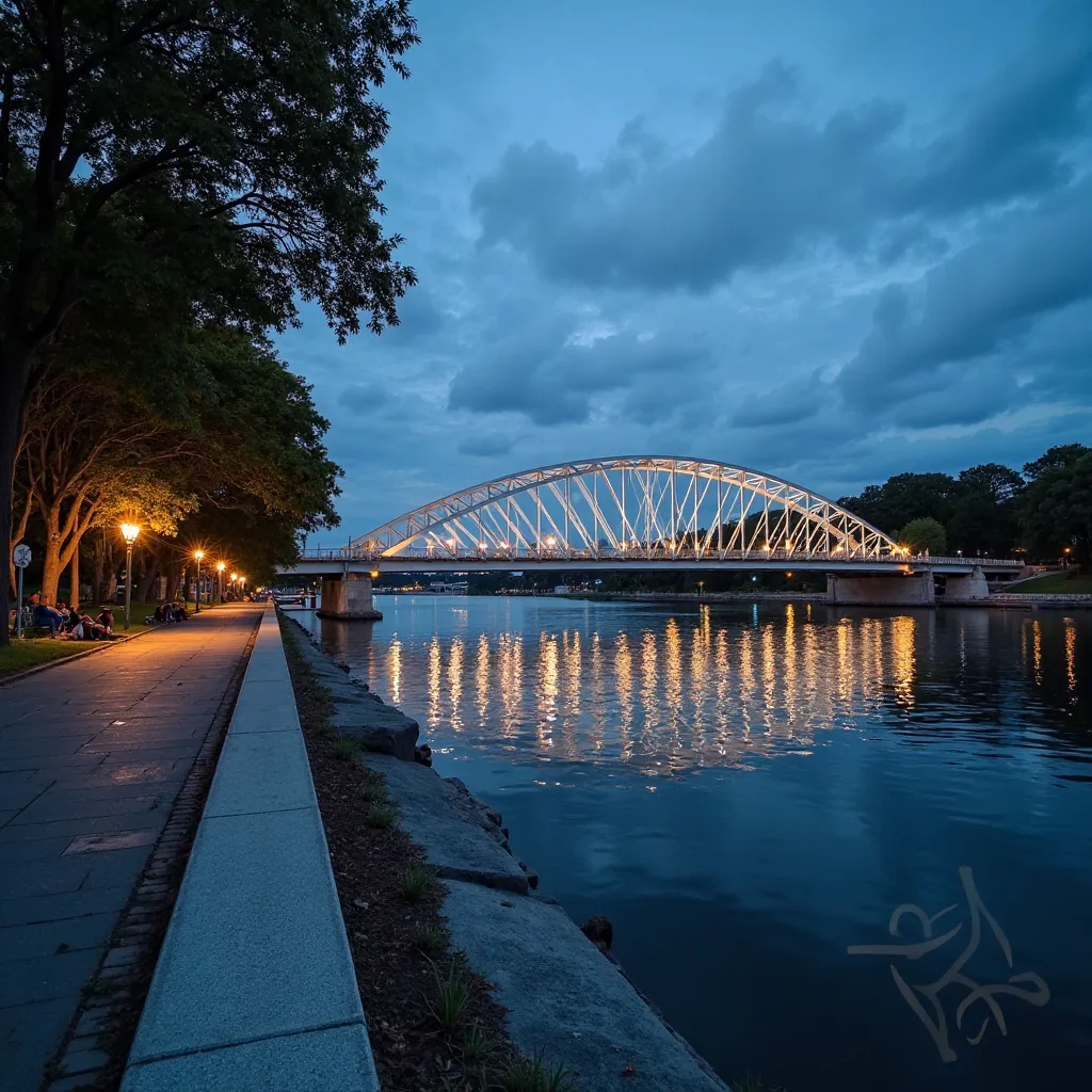 A nighttime view of a white steel truss bridge over a calm river. The bridge is illuminated with lights, reflecting brightly on the water's surface.  The water is a deep, dark blue.  The sky is a mix of twilight blues and soft clouds.  Trees line the river...