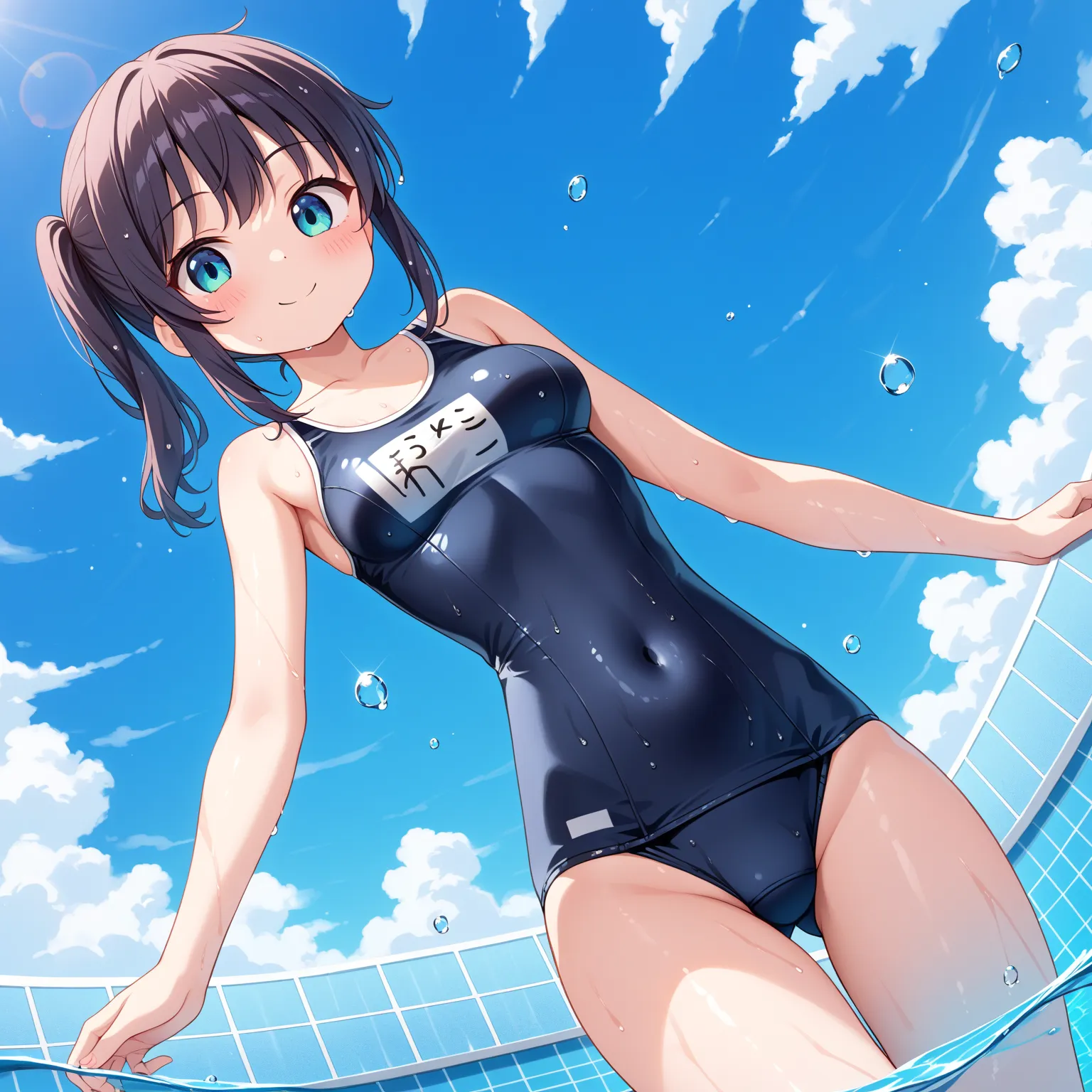 {best quality}, {very aesthetic}, {ultra-detailed}, {best illustration}, {masterpiece}, {detailed beautiful eyes}, {extremely detailed}, nsfw, cute female ,medium breasts,shiny black old school swimsuit, wet, poolside:1.4), , , (loli, little, ultra cute ka...