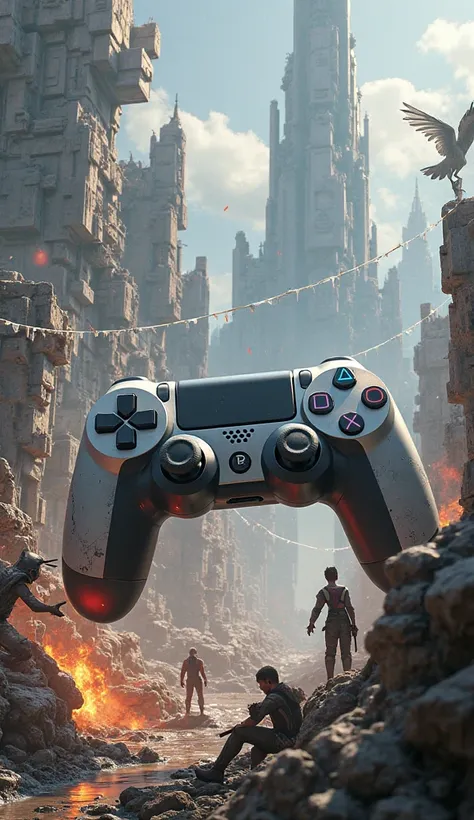 A futuristic PlayStation controller transformed into a battlefield where famous PlayStation game characters fight and explore, epic perspective, hyper-detailed, Unreal Engine render, photorealistic