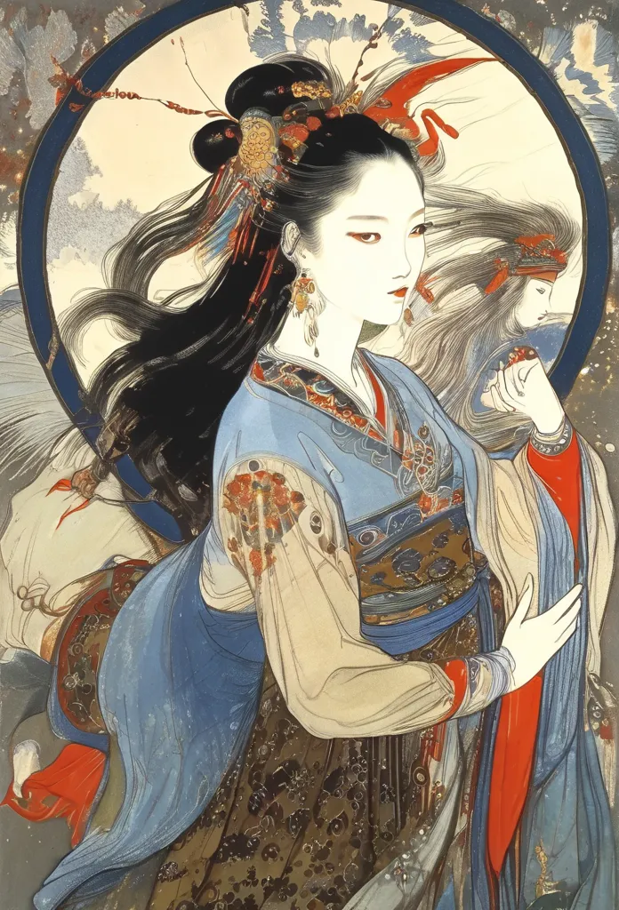 A beautiful woman with a small face and a long neck、Picture of a Woman with Long Hair and a Fan, Korean Art Nouveau Animation, Beautiful and Exquisite Paintings, Jean J., beautiful character drawing, Complex and beautiful painting, Chen Yifei , julianne, ,...