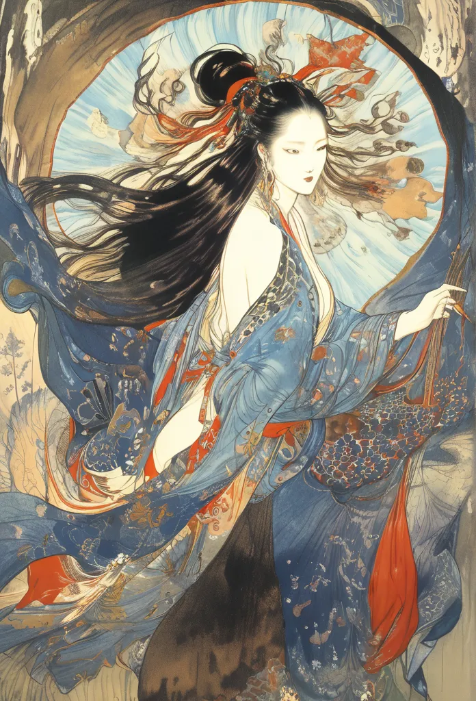 A beautiful woman with a small face and a long neck、Picture of a Woman with Long Hair and a Fan, Korean Art Nouveau Animation, Beautiful and Exquisite Paintings, Jean J., beautiful character drawing, Complex and beautiful painting, Chen Yifei , julianne, ,...