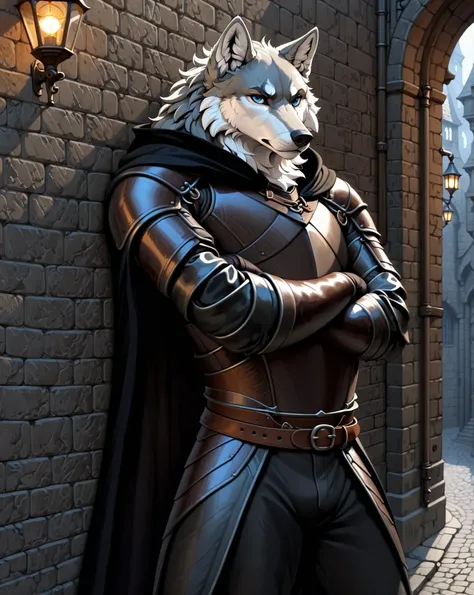 (Masterpiece, Absurdres, Hyper detailed, 4k, UHD), anatomically correct, studio-anime-style illustration. Medieval European fantasy, gothic architecture, back alley, lamp light. BREAK (Solo:1.3), swordsman, 1 cool adult male, gray wolf, blue eyes, (serious...