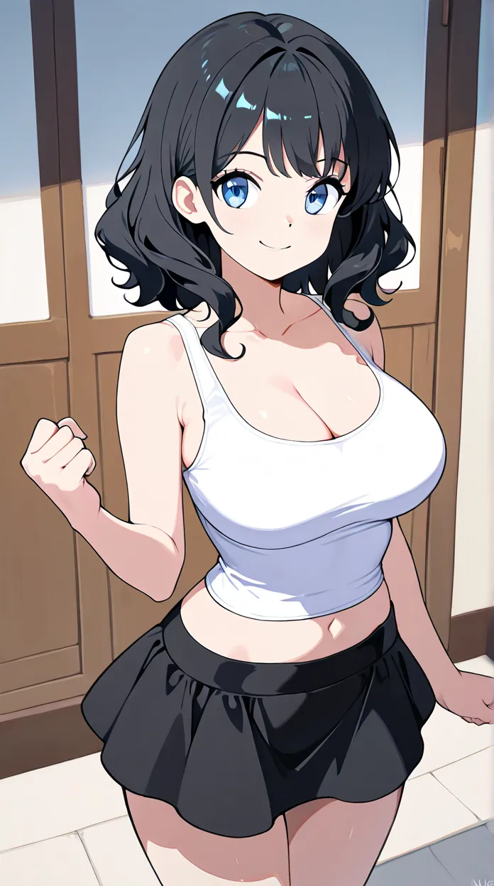 1girl, Solo, Breasts, High Resolution, Smile, Black Hair, Masterpiece, Best Quality, Anime, Anime Style, Large breasts, white tank top, cleavage, black skirt, pencle skirt, midriff, navle, Wavy Hair, Blue eyes, standing, bera leg, UHD, Quality, bare arms, ...