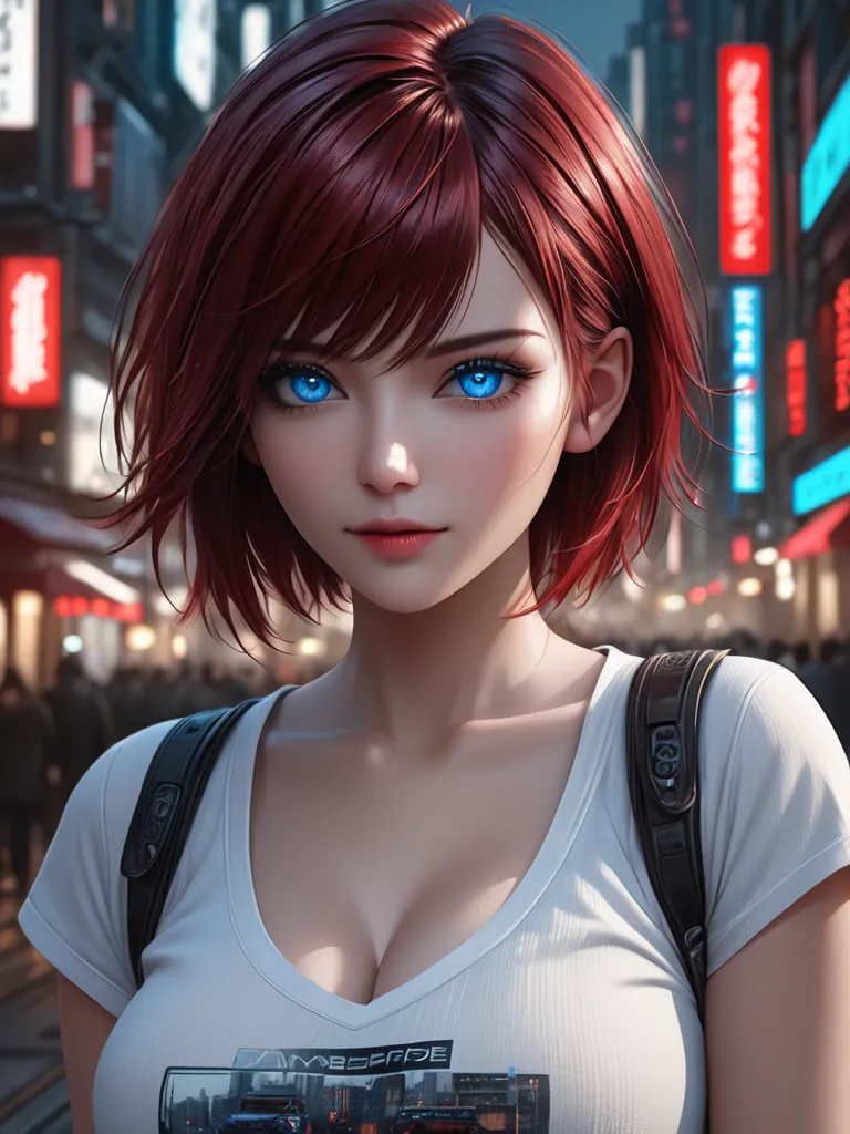 masterpiece, best quality, ultra-detailed, intricately detailed hyperdetailed, realistic, sharp features, highly detailed, portrait, Practical, blue eyes, cleavage, white casual t-shirt, 4K resolution, High quality CG, Beautiful CG, Natural Light, fashion ...