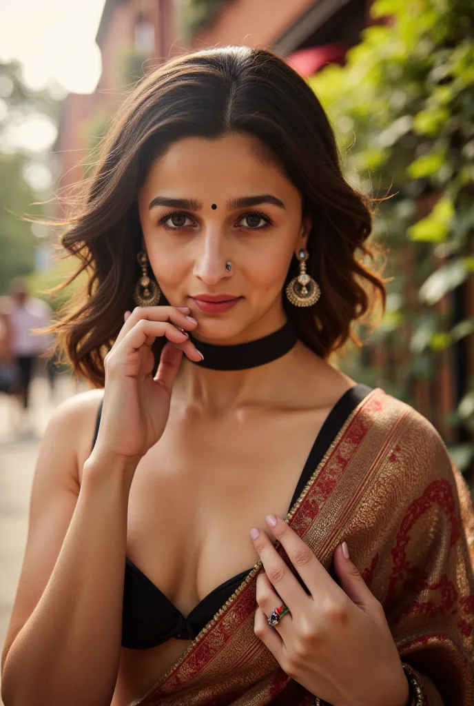 ((LoRA:alia bhatt, Sexy indian adult star:1.40)), full body Pic of 35 years old milf, perfect hourglass figure,, posing for adult movie poster, ((wearing slutty revealing saree like adult star:1.40)), deep cleavage show, natural breasts ((hands on the , to...