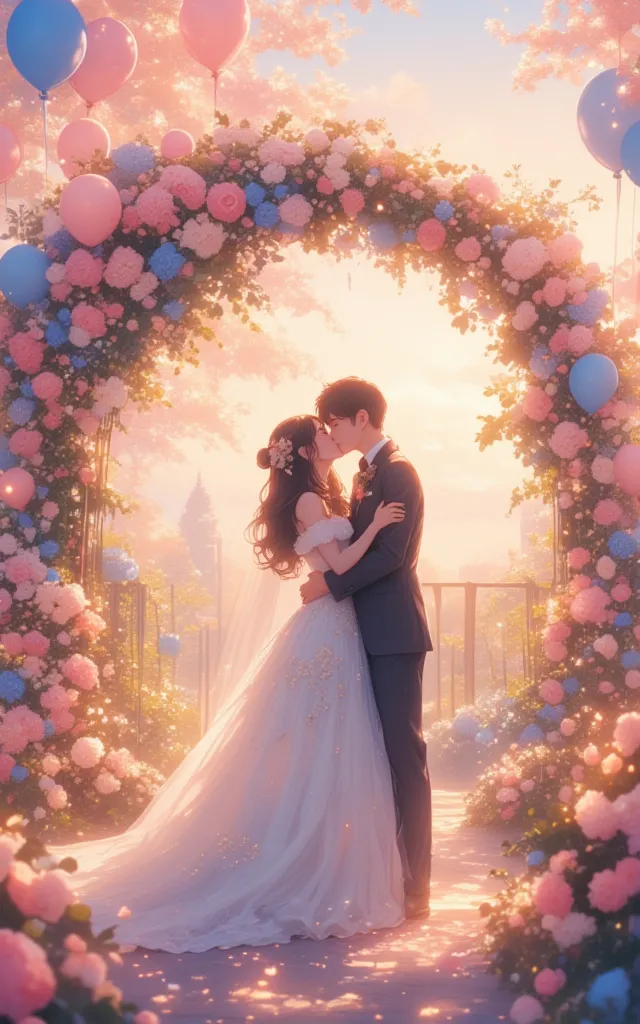 The photo captures a couple hugging and kissing at a wedding in a garden with an archway decorated with pink and blue and white flowers balloons flying around in the early morning the scene is romantic and peaceful and ethereal and dreamy ,layout is reason...