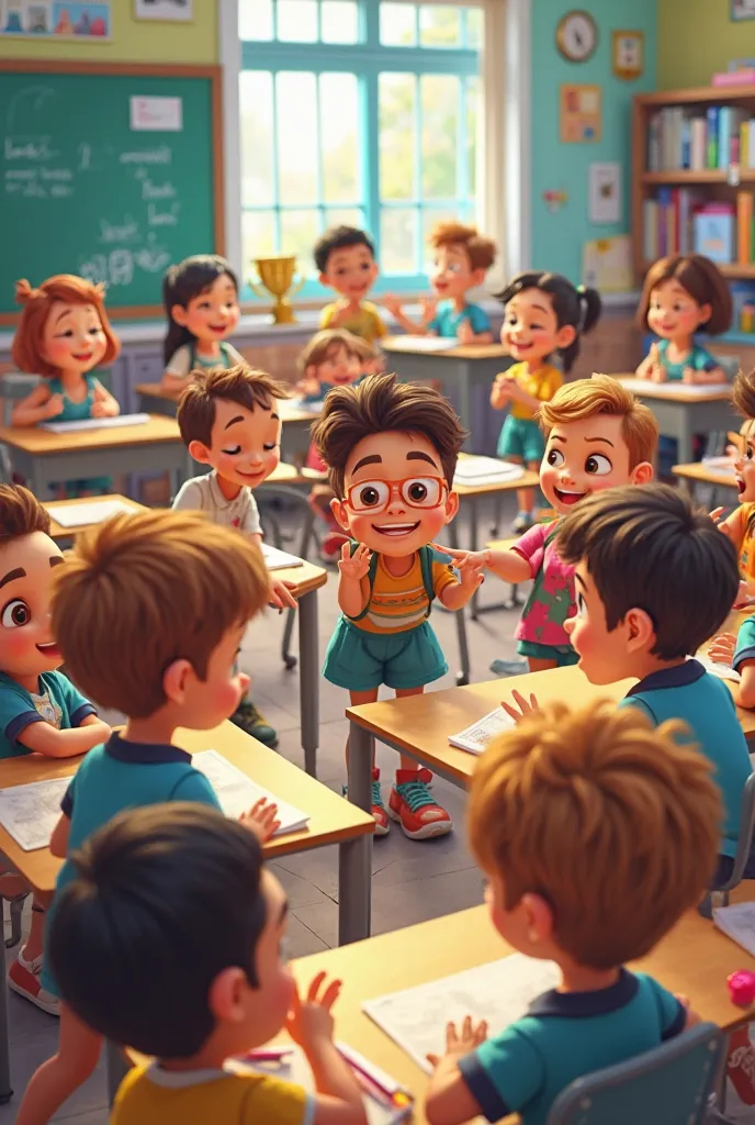 An animated image of a class with 7 boys and 7 girls