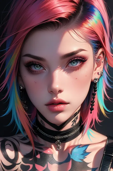 1girl, tattoo, solo, nose_piercing, piercing, choker, portrait, jewelry, neck_tattoo, earrings, realistic, chest_tattoo, multicolored_hair, parted_lips, black_choker, pink_hair, facial_tattoo, lips, looking_at_viewer