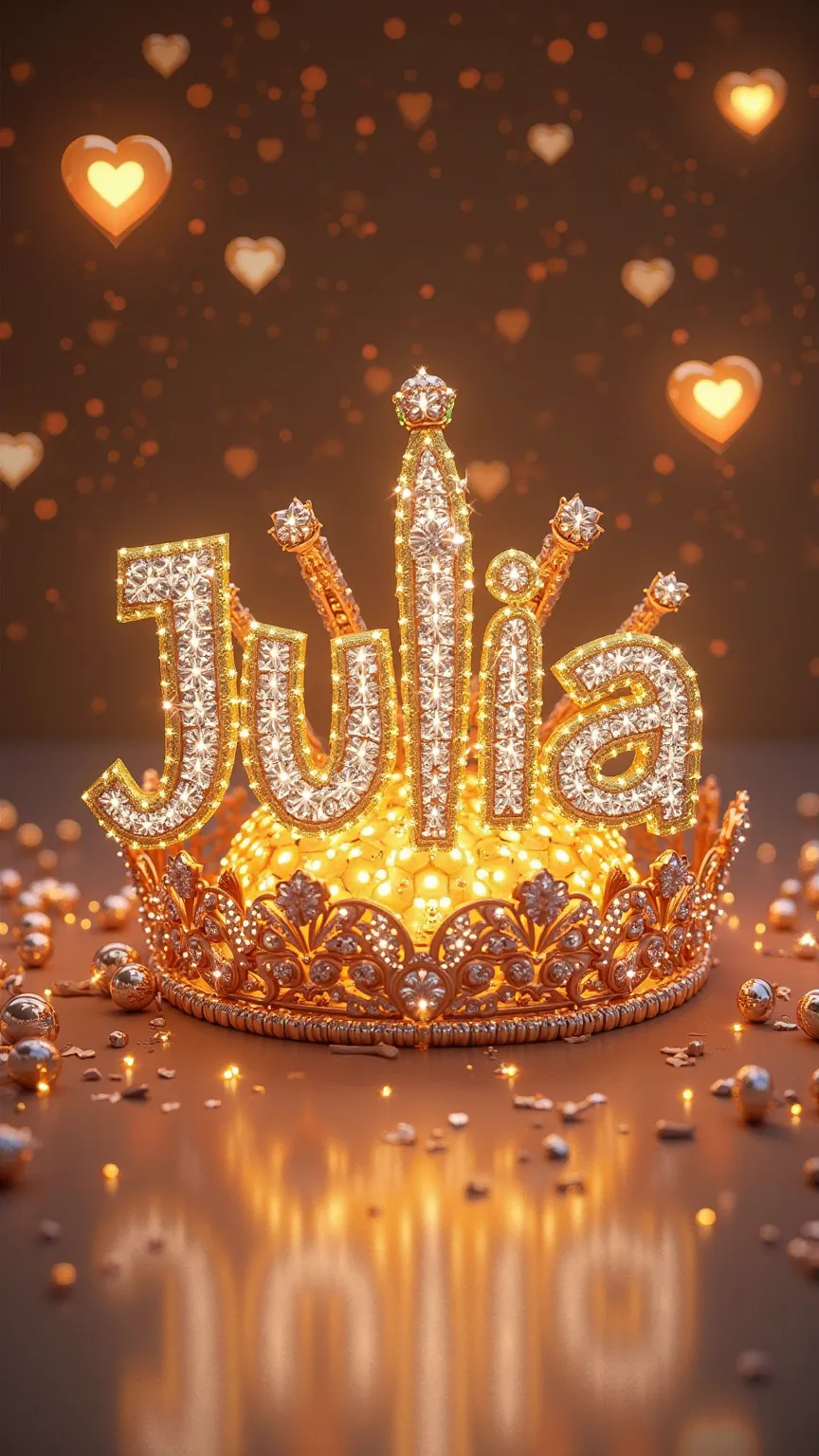 The name 'Julia' displayed in a royal gold font, encrusted with diamonds, placed beneath a shimmering crystal crown, surrounded by glowing heart-shaped lights."