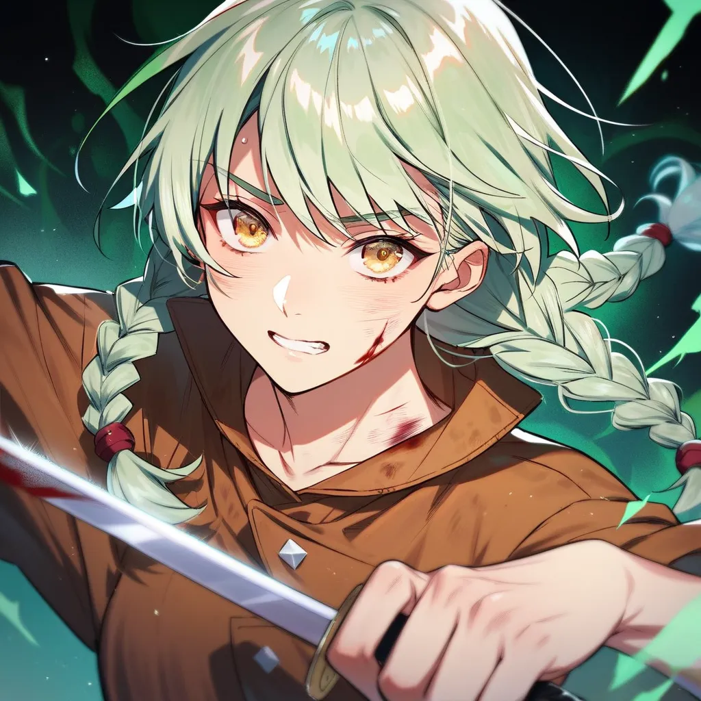 1girl, cute, pretty, light green hair, long hair, two-braids, bangs, yellow eyes, adventure outfit, blood in her body, injured, wound, fighting with sword and green aura , manhwa