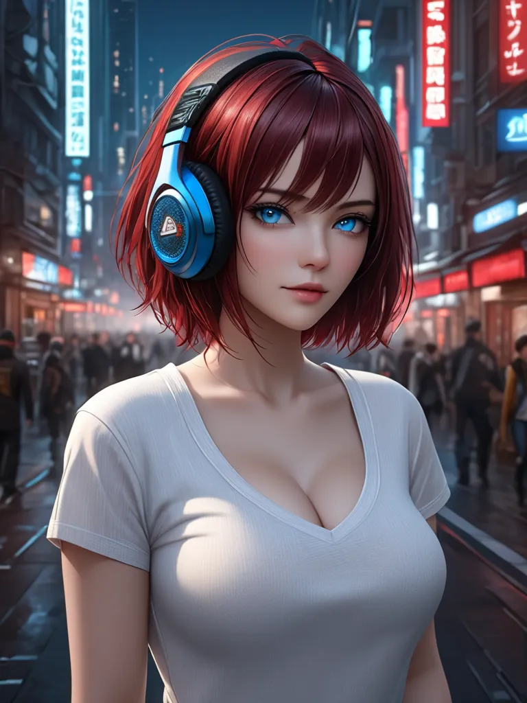 masterpiece, best quality, ultra-detailed, intricately detailed hyperdetailed, realistic, sharp features, highly detailed, portrait, Practical, blue eyes, cleavage, white casual t-shirt, headphone, 4K resolution, High quality CG, Beautiful CG, Natural Ligh...