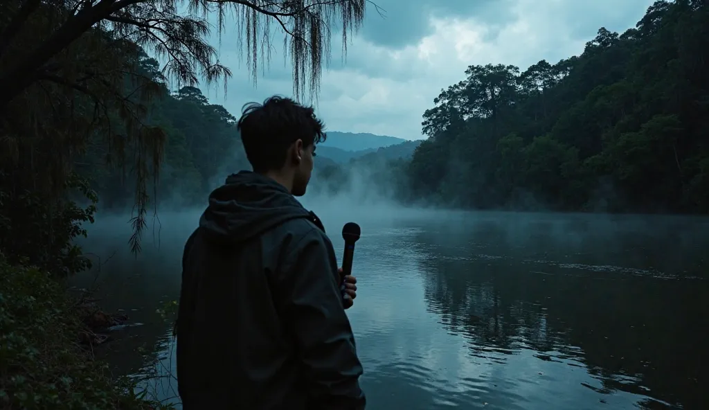 A realistic photograph of a dark riverbank in Guatemala at dusk. Ethan stands near the water, wearing a dark jacket, holding a microphone with visible tension on his face. The river flows silently, its dark waters reflecting distorted images of the trees a...