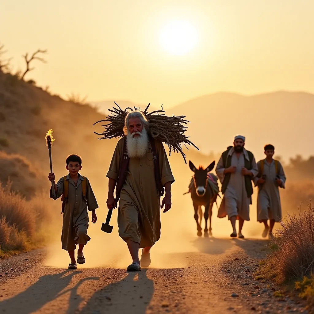 An elderly man with a white beard walks beside a young boy of about twelve years old. The boy carries firewood on his shoulders, while the man holds a torch and a cleaver. Two servants accompany them, leading a heavily laden donkey. The road is dusty and h...