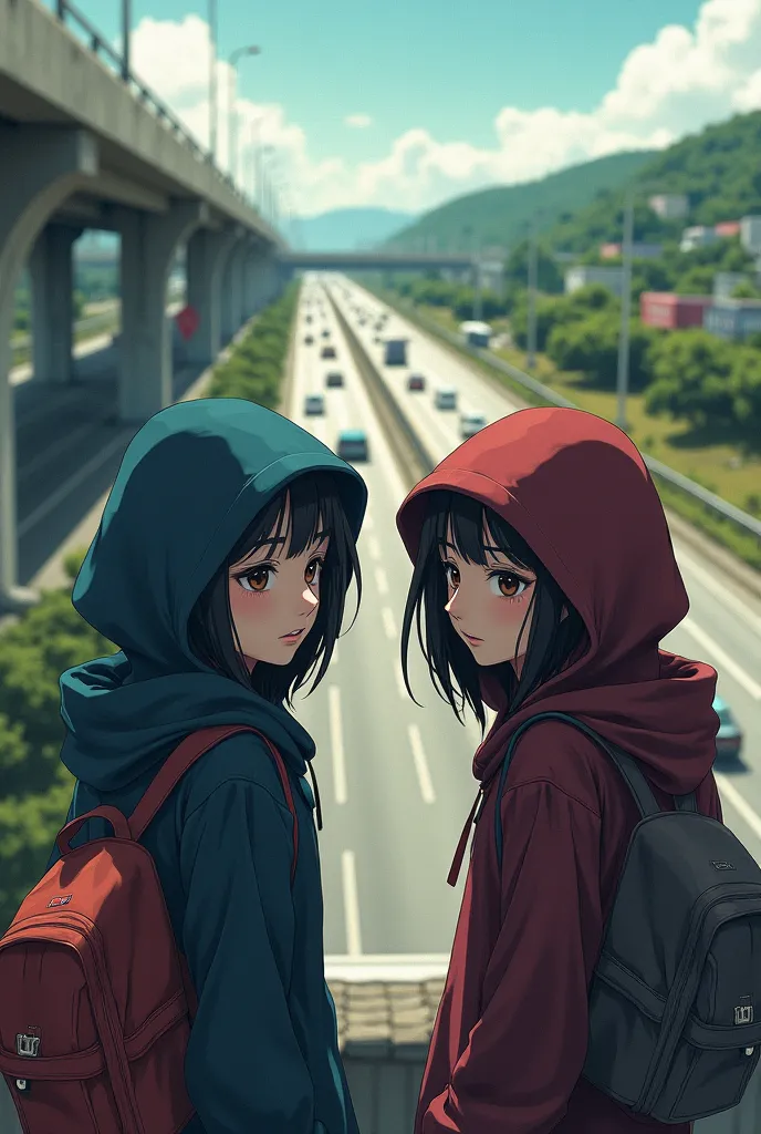 Create a picture of Ayu and Malika wearing hoods looking towards the highway in the real world. 